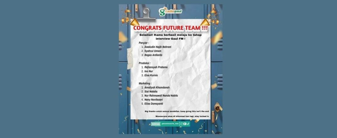 Daftar Peserta Lolos Tahap Interview Open Recuitment Gaul FM