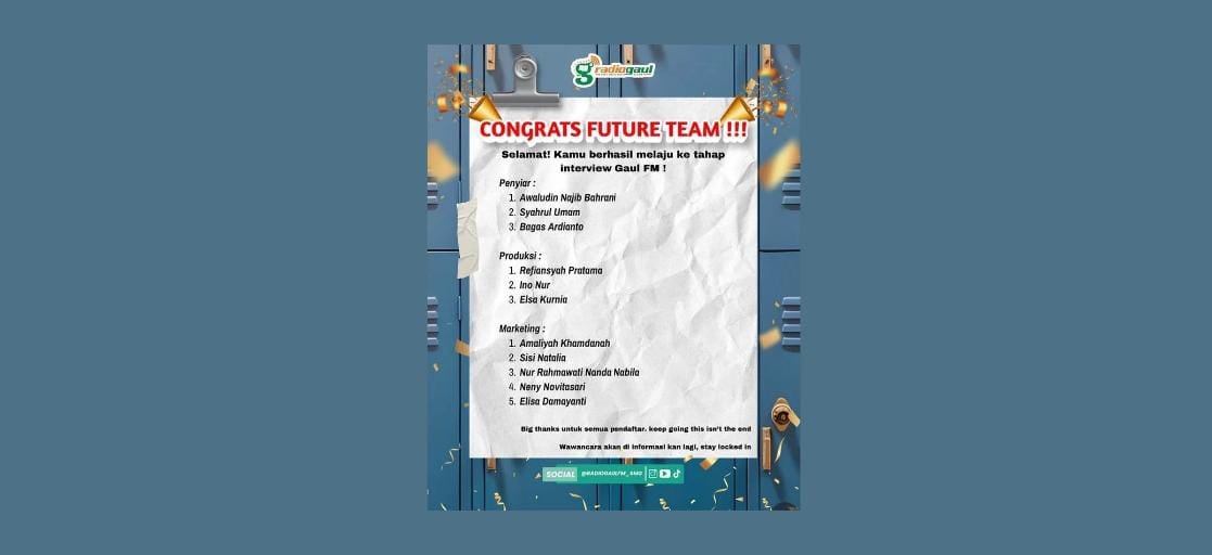 Daftar Peserta Lolos Tahap Interview Open Recuitment Gaul FM